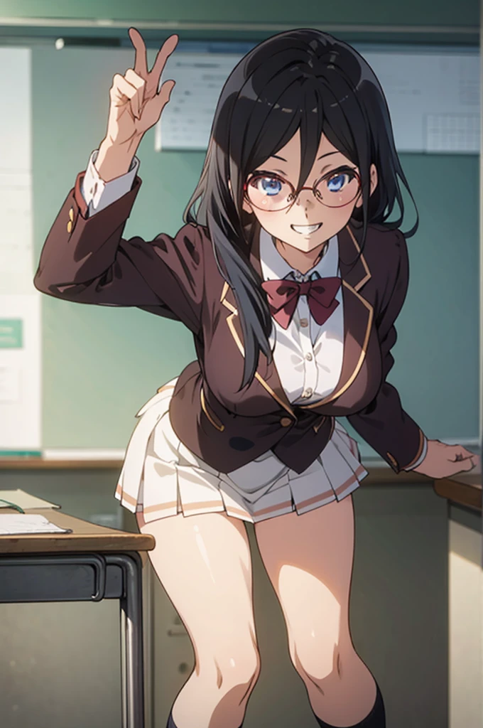 solo, 1girl, looking at viewer, , asuka tanaka, classroom ,blazer,big breasts, looking at viewer, smile,miniskirt,socks,panties,grin,thigh