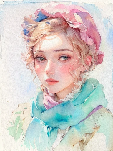a painting of a woman with a pink hat and scarf, inspired by Rupert Bunny, inspired by Oskar Kokoschka, watercolor sketch, inspired by Jacopo Pontormo, inspired by Marie Bracquemond, inspired by Adélaïde Labille-Guiard, color portrait, inspired by Mary Cassatt, inspired by Aimé Barraud