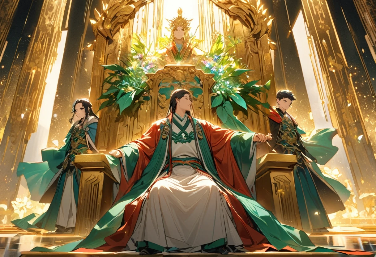 show a meeting between 2 people, a jade Emperor seated on a magnificent golden throne in the heavenly realm looks to a young farmer who is in simple clothing stands respectfully before him . Surround them with  vibrant celestial flora under a soft, golden light, symbolizing the sacred nature of the encounter.