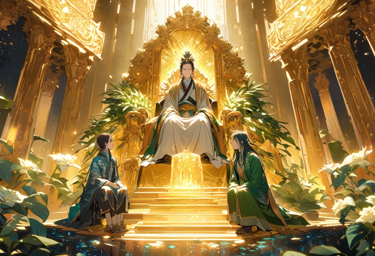 show a meeting between 2 people, a jade Emperor seated on a magnificent golden throne in the heavenly realm looks to a young farmer who is in simple clothing stands respectfully before him . Surround them with vibrant celestial flora under a soft, golden light, symbolizing the sacred nature of the encounter.