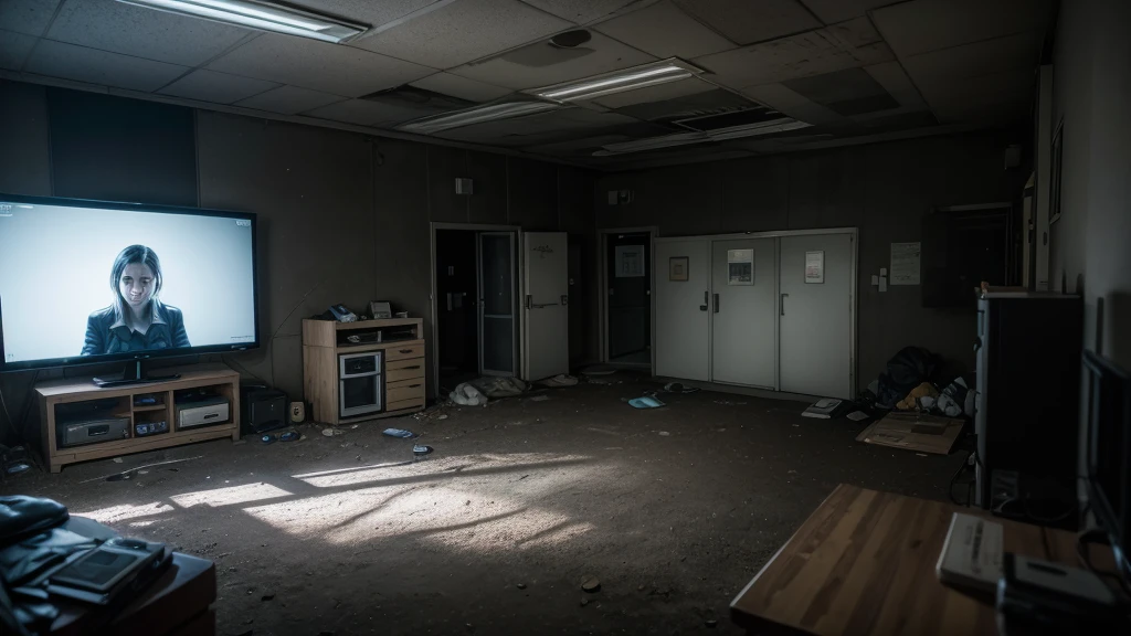 please draw an abandoned, nighttime setting. a security room with 8 monitors/TV's, a door opening (without door) on the left and another on the right. Some old stuffed animals lying around and no person in the scene. too dark. camera look to monitors