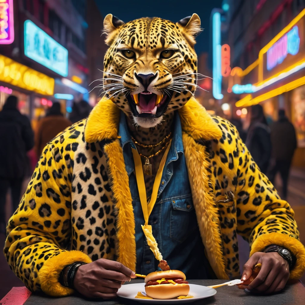 Realistic leopard beastman, eating hot dog, urban setting, detailed fur pattern, golden yellow and black spots, humanoid, casual clothing, bustling street, neon lights, night time, photorealistic, high detail, modern cityscape, vibrant colors.
