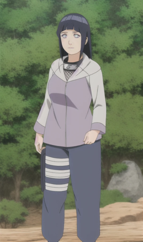 Hinata, Standing,from back,Without a shirt,The pants are pulled down and the top is exposed The butt,forest, rock, Tafah, Best quality, Detailed face, Detailed eyes, High accuracy,Purple Hinata pants,She puts her hand inside her pants and scratches her butt