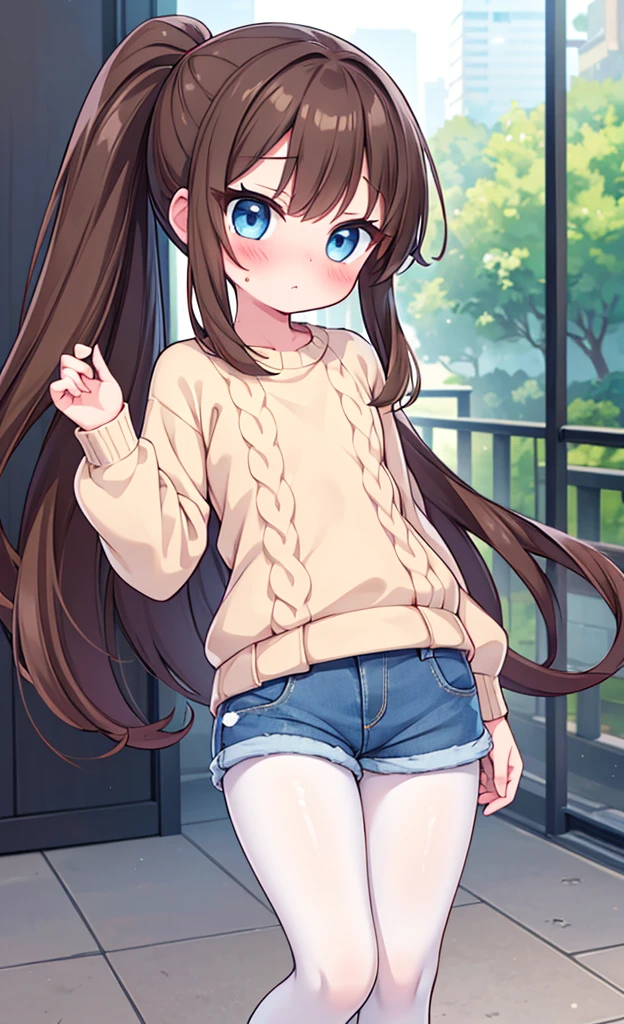 masterpiece,Highest quality,1 ,alone,blush with embarrassment,Pokémon-like art style,(bold:1.6),(flat:1.5) ,独奏,Flat Chest,Thin thighs,(Vertical Sweater、pantyhose、Denim shorts),ponytail,Brown Hair,blush with embarrassment,Thigh to head,,li, body,,cute,ba