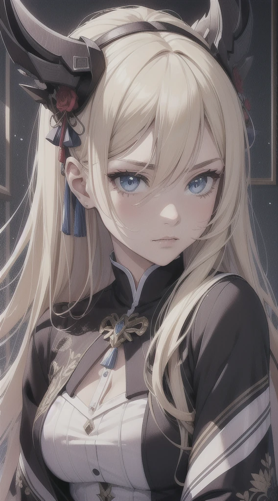 Adult girl, long blonde hair with white strands, blue eyes, black Chinese clothes, serious look, masterpiece, high quality