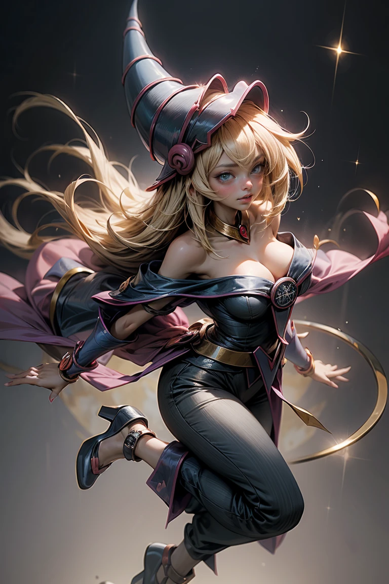 (Masterpiece:1.2), (The best quality:1.2), perfect lighting, Dark Magician Girl casting a spell, in battle. floating in the air, big and visible tits, wear pants and heels. transparent neckline, blue robe, big hat, From above, sparkles, Yugioh game, The magic of the heart, romantic heart.