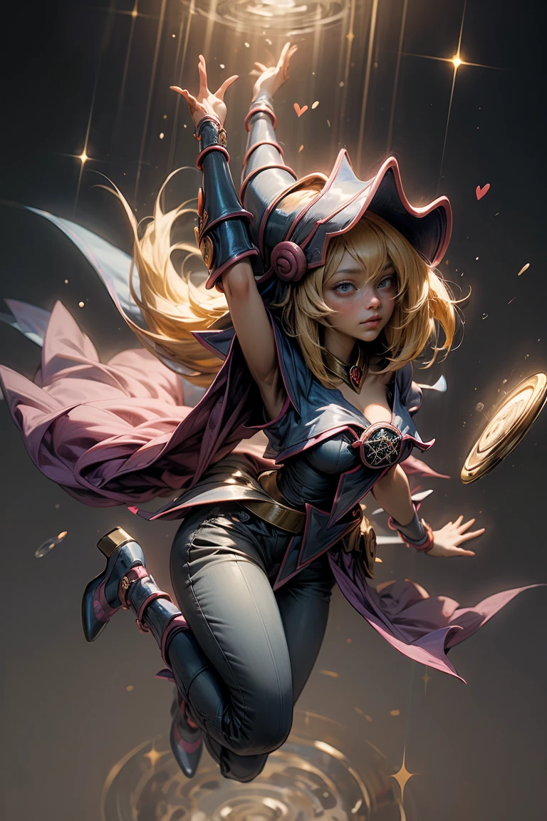 (Masterpiece:1.2), (The best quality:1.2), perfect lighting, Dark Magician Girl casting a spell, in battle. floating in the air, big and visible tits, wear pants and heels. transparent neckline, blue robe, big hat, From above, sparkles, Yugioh game, The magic of the heart, romantic heart.
