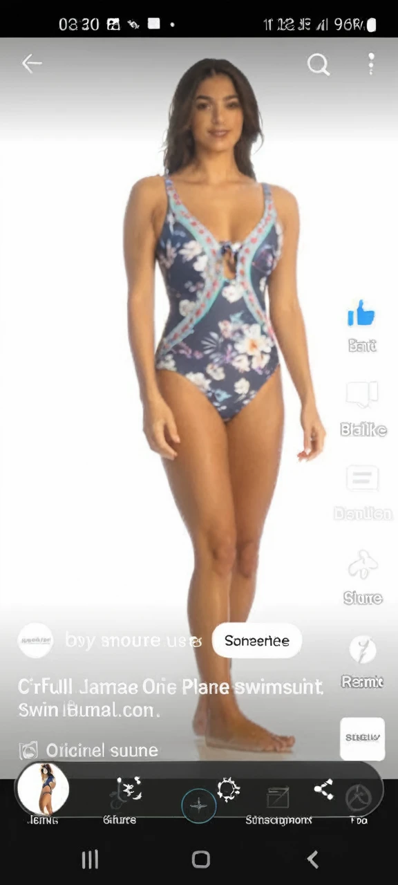 a close up of a woman in a swimsuit on a cell phone, a screenshot by Judith Gutierrez, featured on instagram, arabesque, is wearing a swimsuit, complete body view, swim suite, bathing suit, swimsuit, full body picture, floral patterned skin, full body shot in bikini, full body full height, low quality video, full body;