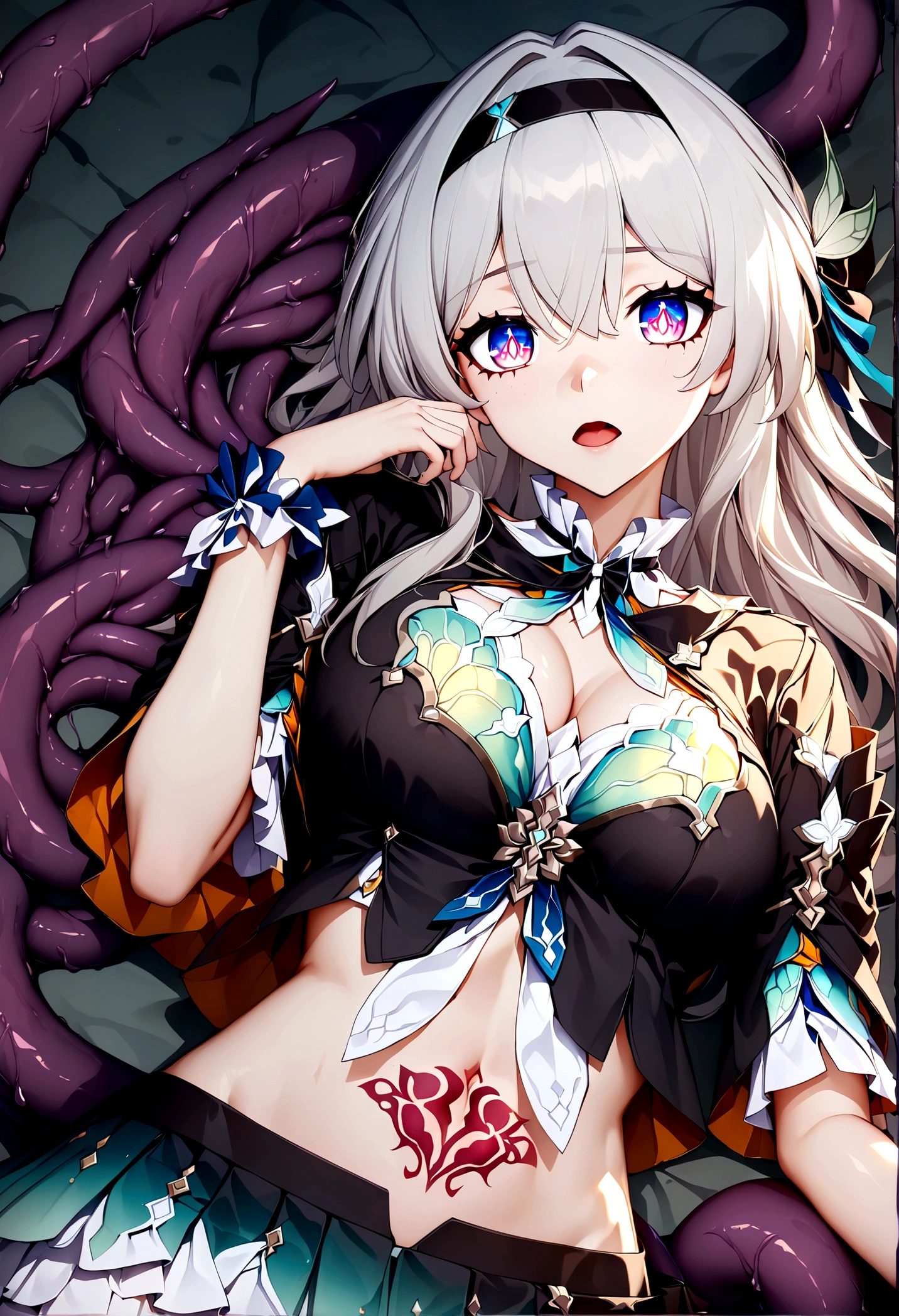 perfect anatomy, CG:1.9, ultra detailed:1.9, ultra-detailed:1.9, high resolution:1.9, high res:1.9, absurdres:1.9, masterpiece:2, high quality:2, best quality:2, 1girl, solo, firefly (honkai: star rail), lying down, in a relaxed pose, look at viewer, detailed background:2, eldritch background, tentacle background, horror (theme), colored skin, purple skin, body horror, violence, yandere, crazy, pure evil, dark magical girl:0.9, monster, monster girl, dragon girl:1.5, succubus:1.5, succubus girl:1.5, devil:1.9, devil girl:1.9, vampire girl, possessed, dark persona, corruption, corrupted, cosmic horror, eldritch, eldritch abomination, demon:1.5, demon girl:1.5, breasts, medium breasts, midriff, cleavage, multicolored clothes, tentacle clothes:1.4, living clothes:1.4, purple spikes, dress, skirt, armor, full armor:1.8, eldritch winged spiky scaly tentacle armor:1.75, living hair:1.58, open mouth, detailed eyes:2, crazy eyes, colored sclera, black sclera, yellow pupils, bright pupils, slit pupils, purple scales, red pubic tattoo, red womb tattoo, red stomach tattoo, red forehead tattoo, glowing tattoo, red forehead jewel, red chest jewel, crown of thorns, black horns:2, two horns:2, demon horns:1.99, devil horns:1.98, dragon tail:2, purple wings:2, large wings:2, bowed wings:2, two wings:2, demon wings:2, dragon wings:2