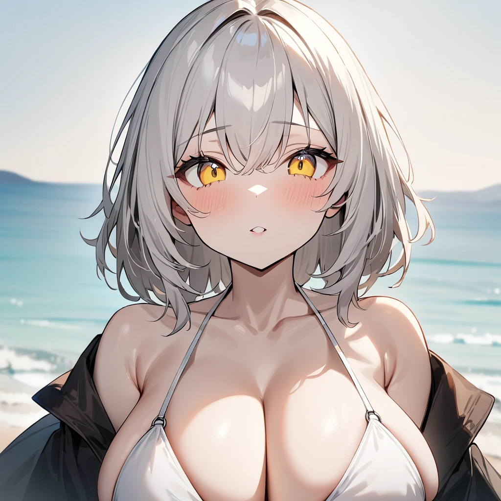 1girl,pale hair,yellow eyes,pale eyes,masterpiece,best quality,very aesthetic,absurdres,(front view),(White Bikini),(big breast),upper body (shoulder)