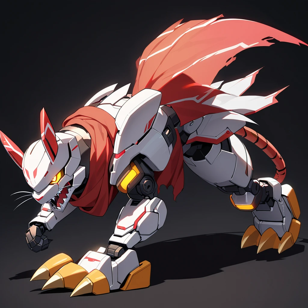 no humans, robot, mecha, non-humanoid robot, robot animal, black background, science fiction, solo, tail, glowing, yellow eyes, mechanization, whiskers, claws, standing, simple background, mechanical tail, machinery, open mouth, over-kneehighs, parody, pig, plump, red footwear, red scarf, running, scarf, shadow, sharp teeth, shoes, short hair, size difference, smile, sneakers, teeth, thighhighs, torn clothes, torn thighhighs, white footwear, white thighhighs, sfw, masterpiece, best quality, very aesthetic, absurdres