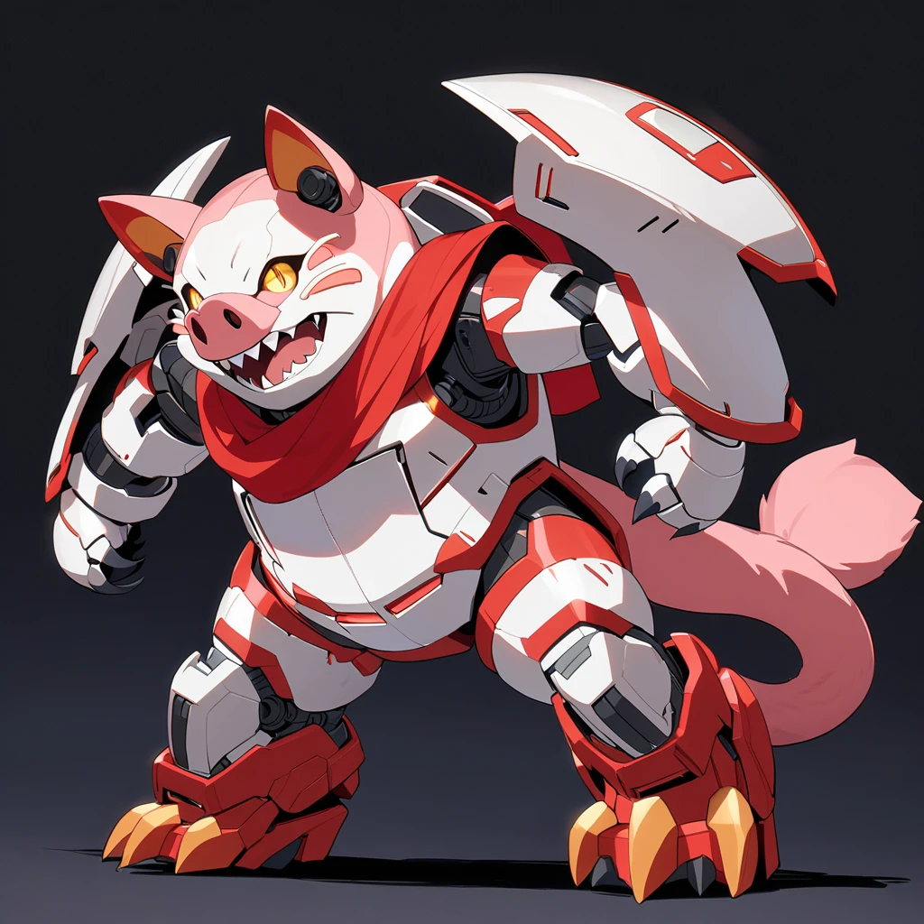 no humans, robot, mecha, non-humanoid robot, robot animal, black background, science fiction, solo, tail, glowing, yellow eyes, mechanization, whiskers, claws, standing, simple background, mechanical tail, machinery, open mouth, over-kneehighs, parody, pig, plump, red footwear, red scarf, running, scarf, shadow, sharp teeth, shoes, short hair, size difference, smile, sneakers, teeth, thighhighs, torn clothes, torn thighhighs, white footwear, white thighhighs, sfw, masterpiece, best quality, very aesthetic, absurdres
