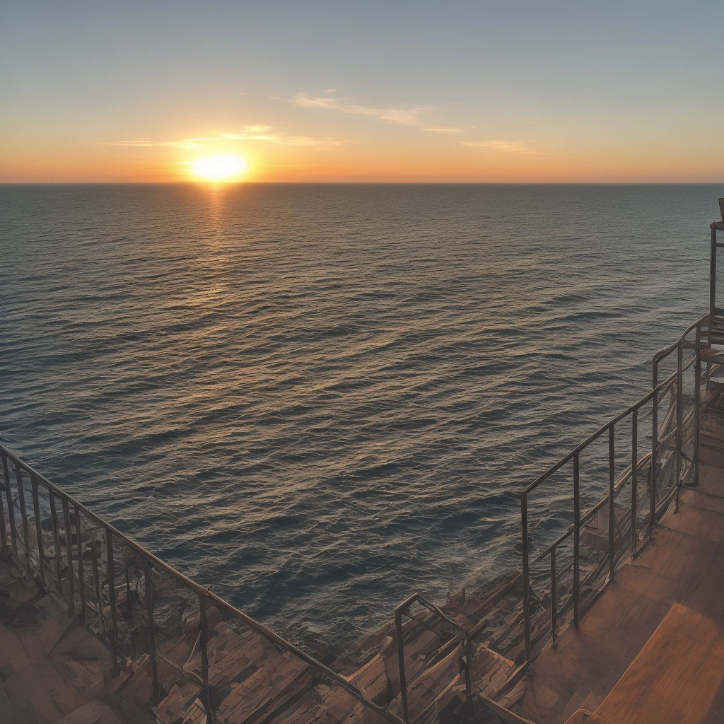 view of a sunset at the sea from a high balcony 