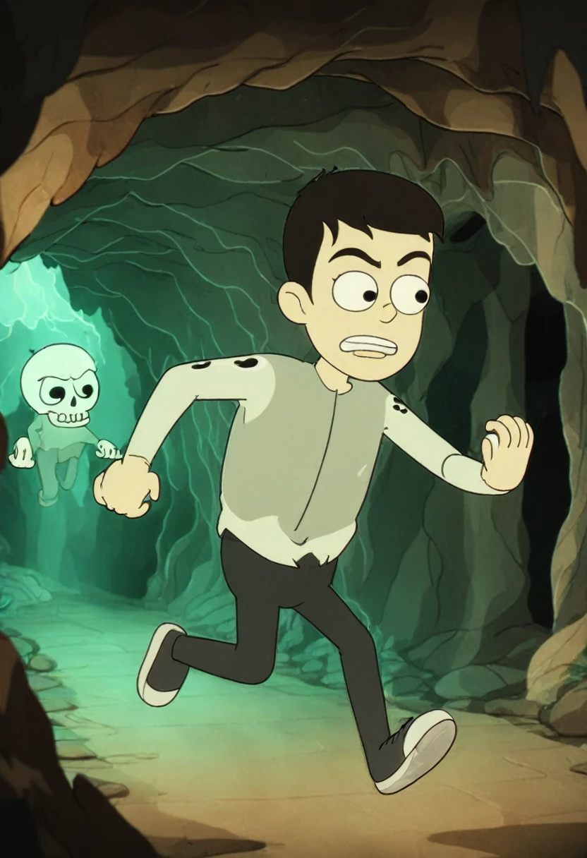 a boy with a skull head, running away from ghosts, inside a cave, in cartoon animation style, 4k, quality