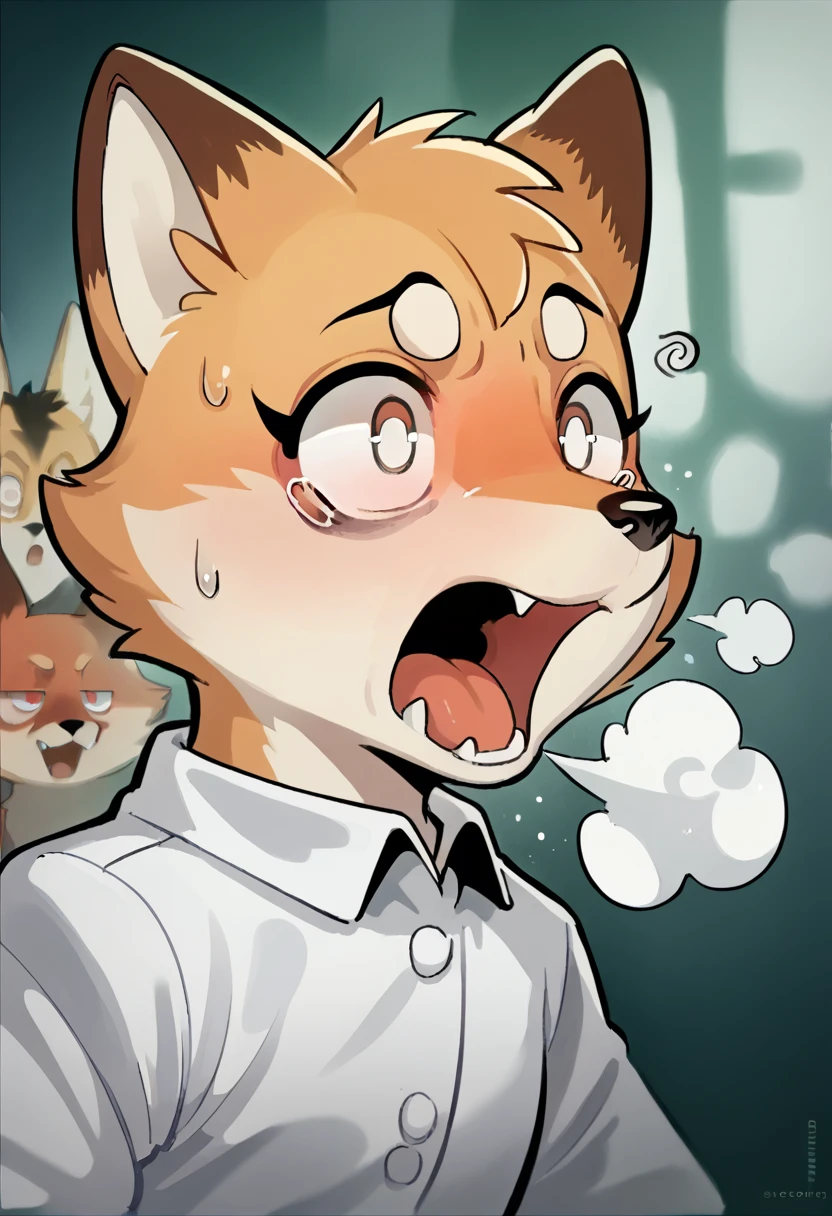(tezuka osamu style) , Hallucination, daydream , Fear , bokeh , hairy fur , A hungry female fox , steamy breath , open mouth , half open moist eyes , Canine , uvula , focus mouth , look away , White eyes