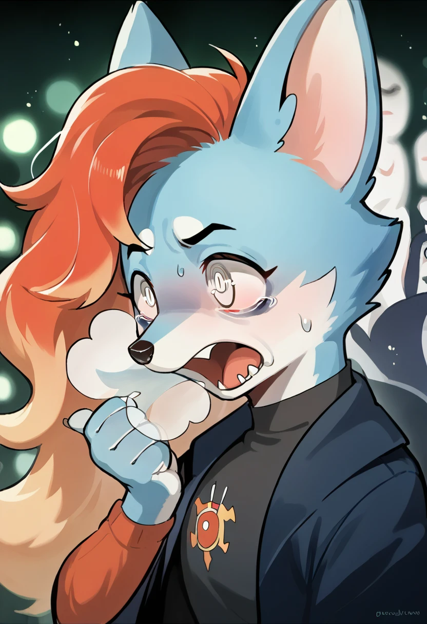 (tezuka osamu style) , Hallucination, daydream , Fear , bokeh , hairy fur , A hungry female fox , steamy breath , open mouth , half open moist eyes , Canine , uvula , focus mouth , look away , White eyes