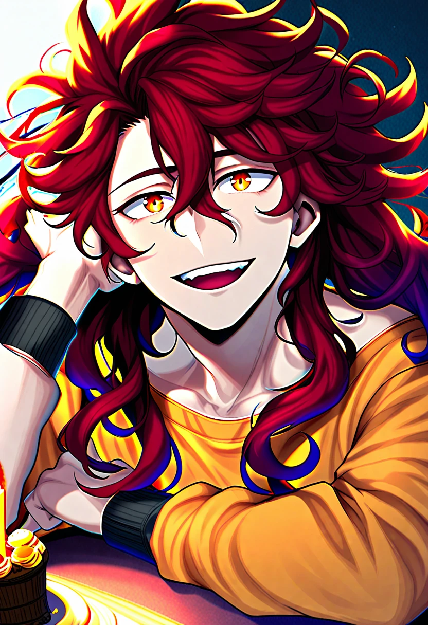 Dylan Hiroi, a man, with orange and reddish eyes, red hair, shoulder length hair, curly hair, looking at the camera with a serious look.