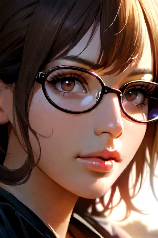 best quality, masterpiece,  (realistic:1.2), 1 girl, brown hair, brown eyes,Front, detailed face, beautiful eyes, glasses, one piece