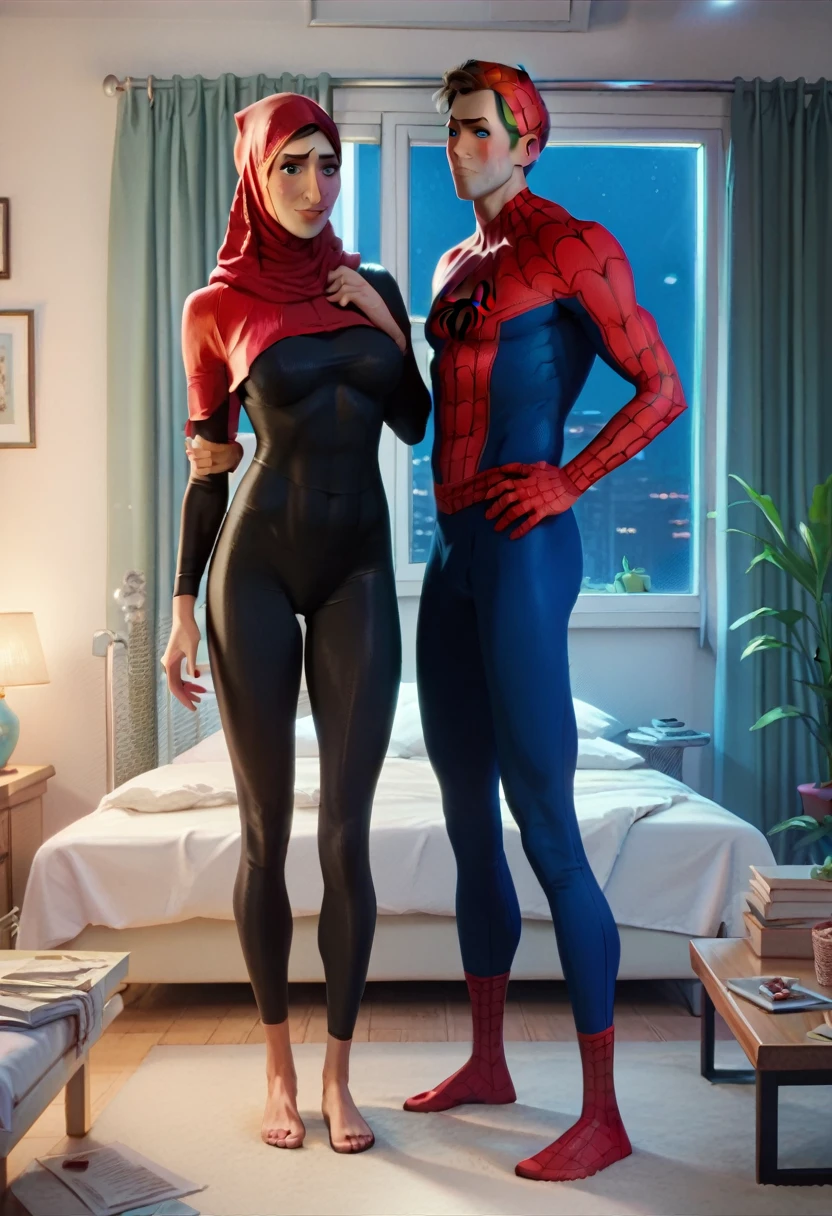 Pale skin Woman in black tight hijab standing in bedroom with  her valentine Peter parker superhero marvel full body valentine two people night 