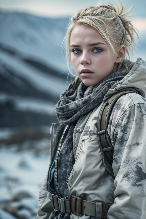 Masterpiece, full body shot of a beautiful 11 years old Norwegian tween girl in a post-apocalyptic frozen wilderness, blonde hi-top hair shaved on sides, blue-grey eyes, very pale skin, high detailed skin, , shy face, dramatic face, innocent face, tired face, wearing military dirty white pants, wearing a military scarf white and grey pattern, wearing a winter camo military vest, wearing punk jewelry, innocent girl, shy girl, wild girl, post-apocalyptic style, RAW, Dramatic lighting, threatening nordic sky, 8K, ultra high res.photorealistic, UHD, DSLR, RAW, Phase one XF IQ4, 150 MP, post apocalyptic snowy Fjord landscape in the background, Mad Max movie vibes