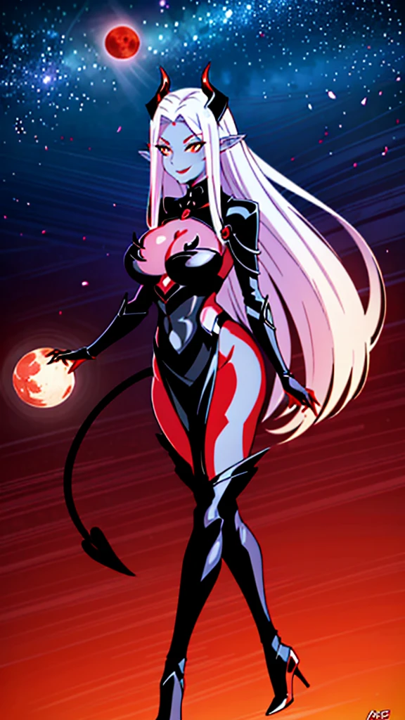 1girl,tall,mature female,30s,sensual face,black langerie,cleavage,black armor,medusa hair,sexy,pointy ears,(mgedemon),(((red skin,colored skin))),night,red moon,night sky,floating,full body,smile,dancing on sky