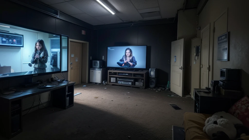 please draw an abandoned, nighttime setting. a security room with 8 monitors/TV's, a door opening (without door) on the left and another on the right. Some old stuffed animals lying around and no person in the scene, too dark, camera look to monitors, night light, 4k
