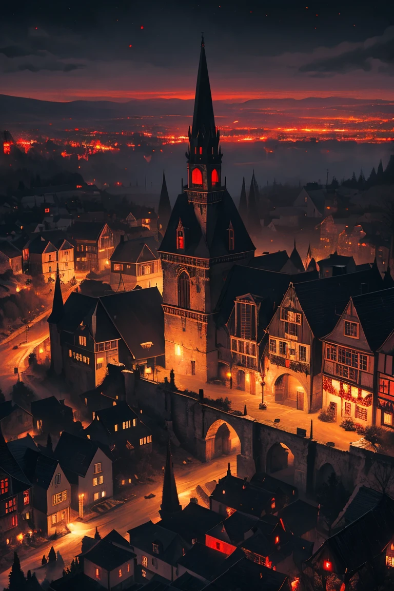 old European village shot with bird view, (Red glowing eyes), masterpiece, Depth of written boundary, Lutz, Gwaites style artwork, Gothic aesthetics, Dark Vampire village, ((in the dark gothic style cathle:1)), ((dark mid-night time:1.5)),
