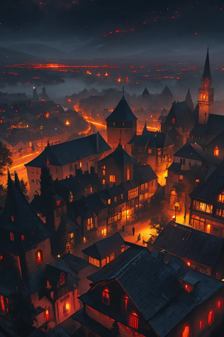 old European village shot with bird view, (Red glowing eyes), masterpiece, Depth of written boundary, Lutz, Gwaites style artwork, Gothic aesthetics, Dark Vampire village, ((in the dark gothic style cathle:1)), ((dark mid-night time:1.5)),