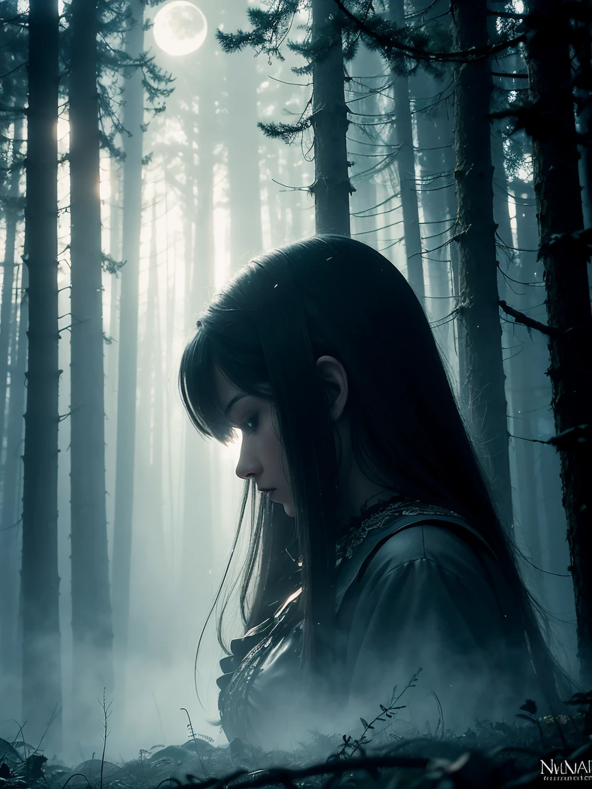 a misty forest background at night, with tall trees and a full moon partially hidden by clouds. In the center, in a silver gothic font, is the name "Nocturnal Echoes", with the slogan "Where darkness meets melody" just below in an elegant, smaller font. Surrounding the central text are subtle gold musical note icons and classical instrument silhouettes. In the bottom right corner, a highlighted phrase: "Subscribe for weekly dark instrumental music", in a clear and legible font. The soft light effect illuminates the center of the banner, highlighting the text and creating a mysterious and captivating atmosphere.