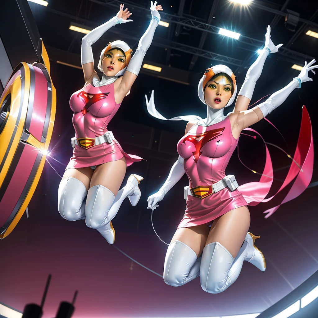 ANI_CLASSIC_jun_gatchaman_ownwaifu,1girl, ,good anatomy, masterpiece, best quality,realistic, hyperrealistic, 16k hdr,breasts,green eyes,lips,large breasts,lipstick,makeup,gloves,cape,helmet,belt,elbow gloves,white gloves,mask,ultra miniskirt,leotard,spacesuit,white tight overknee highheels boots,pink dress,superhero,bodysuit,cleavage,erected nipples,((jumping poses,arms up straight)),cameltoe