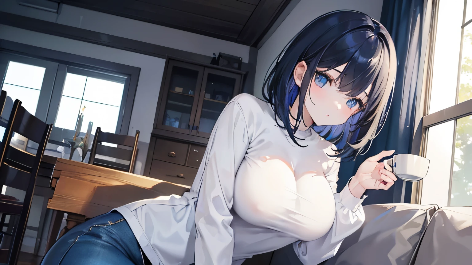 girl with short dark blue hair, pretty and calm eyes, pale skin, holding a cup of coffee with both hands. She has a white shirt that shows her big breasts a little, and light blue pants. She is sitting in the living room of her house, with some candles that gives it a romantic touch. It's night.