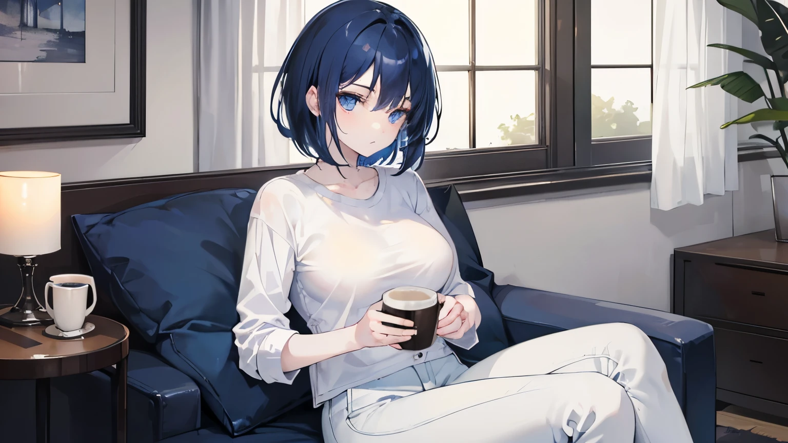 girl with short dark blue hair, pretty and calm eyes, pale skin, holding a cup of coffee with both hands. She has a white shirt with a low neckline, which shows her large breasts a little, and light blue pants. She is sitting in the living room of her house, with some candles that gives it a romantic touch. It's night.