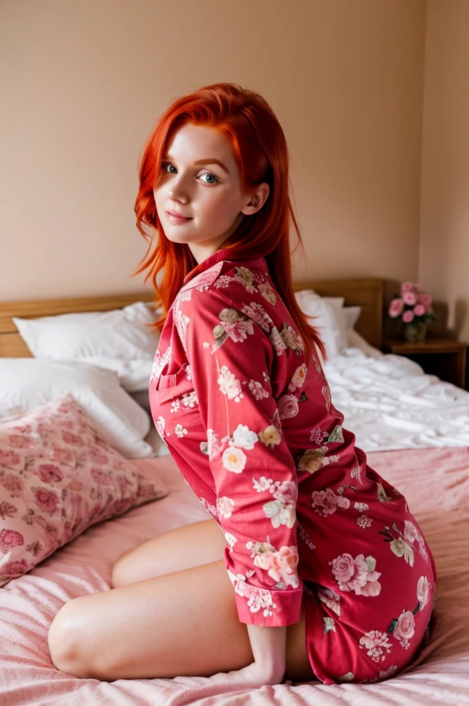 There is a woman sitting on a bed wearing a pink floral pajamas, red-haired girl, beautiful red-haired woman, red-haired woman, young red-haired girl, short bright red hair, red hair and attractive features, Anna Nikonova aka Newmilky, red-haired girl, redhead, beautiful woman, posing in bed, red head, with short red hair, posing in a room