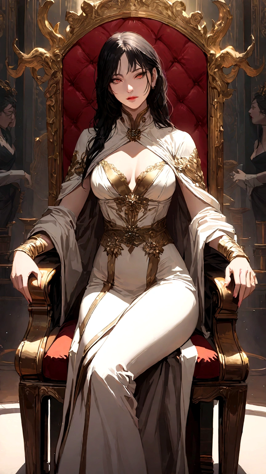 mature female, gigantic breasts, light brown hair, lips, throne