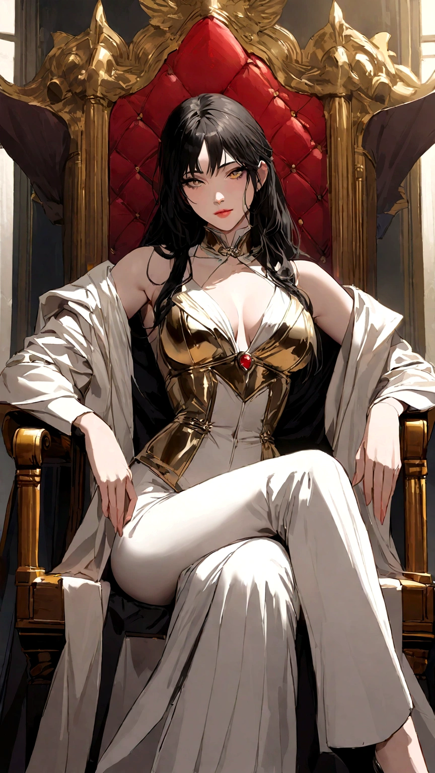 woman with the face of the reference image sitting on a chair with a throne, beautiful and seductive realistic anime woman, wearing a black and gold military unifo