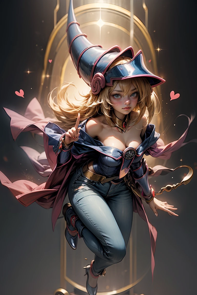 (Masterpiece:1.2), (The best quality:1.2), perfect lighting, Dark Magician Girl casting a spell, in battle. floating in the air, big and visible tits, wear jeans and heels. transparent neckline, blue robe, big hat, From above, sparkles, Yugioh game, The magic of the heart, romantic heart.