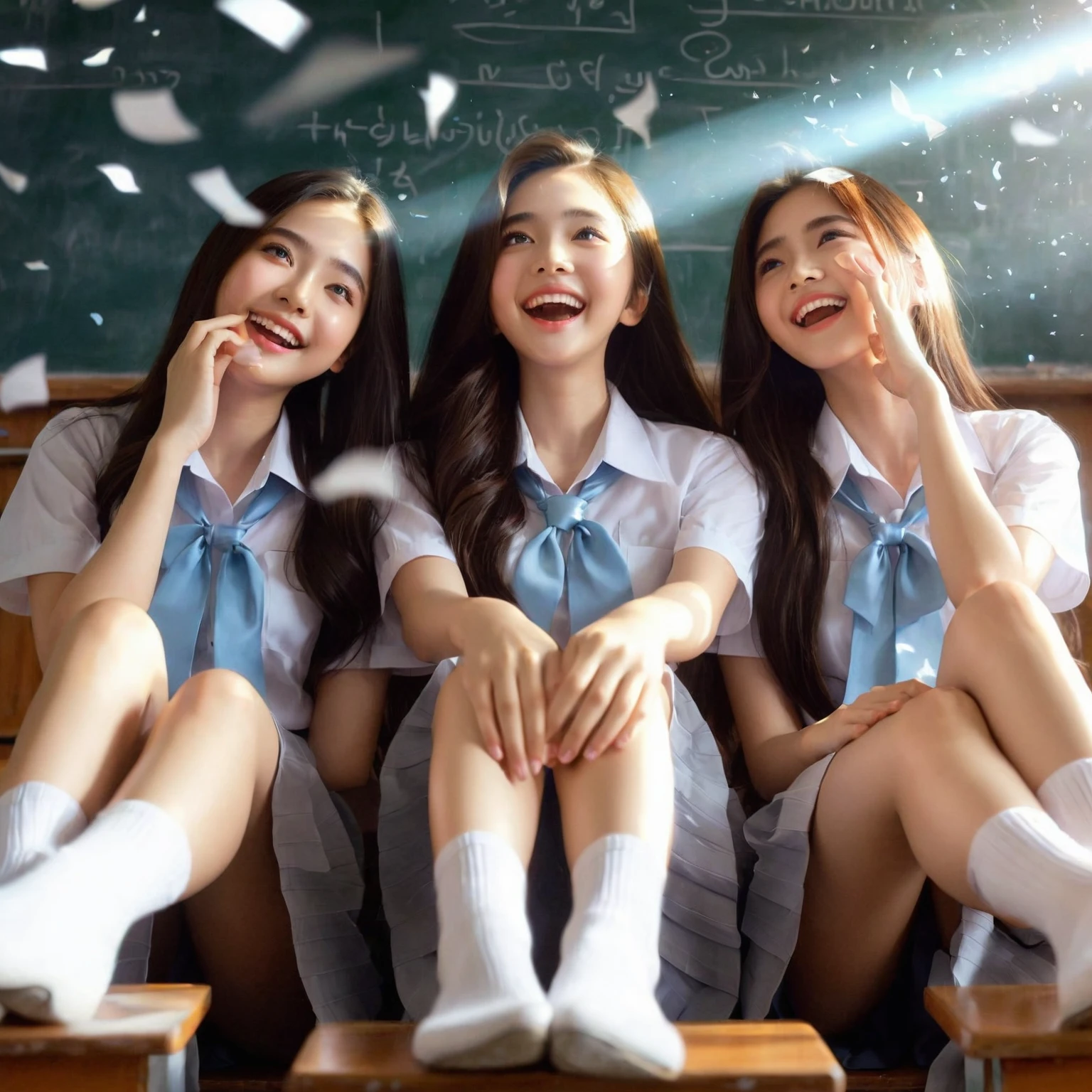 friendship film poster, stunning surreal depiction art, three beautiful young Thai women with long hair, wearing school uniforms, white shirts, light blue tie, long light blue skirts, harmonious friendship, they joke, they are happy, smiling, they are sitting at school, view in school classroom, perfect face, hands and feet, lens flare, flying paper effect, looks like a movie, Taken with Sony Alpha α7CR, UHD 1536px, high quality.