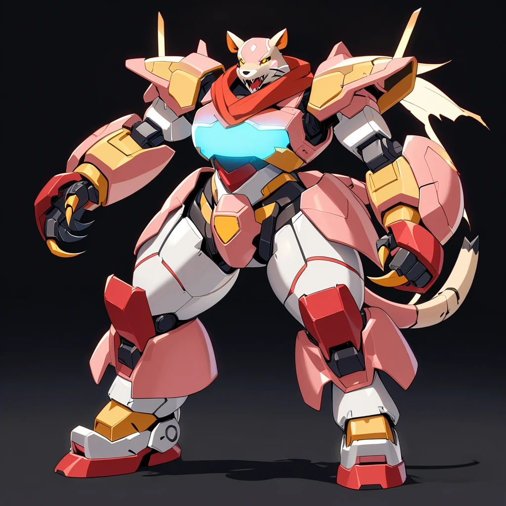 no humans, robot, mecha, non-humanoid robot, robot animal, black background, science fiction, solo, tail, glowing, yellow eyes, mechanization, whiskers, claws, standing, simple background, mechanical tail, machinery, open mouth, over-kneehighs, parody, pig, plump, red footwear, red scarf, running, scarf, shadow, sharp teeth, shoes, short hair, size difference, smile, sneakers, teeth, thighhighs, torn clothes, torn thighhighs, white footwear, white thighhighs, sfw, masterpiece, best quality, very aesthetic, absurdres
