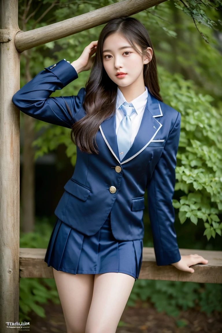 (8K), (Highest quality: 1.2), (Realistic), (Realistic: 1.37), Ultra-high resolution, 1 Girl, cute, face, Mouth closed, Beautiful details, Beautiful Nose,Beautiful Hair,Long Tail,Thighs,chest,High school uniform,A simple dark blue satin blazer,Satin White Blouse,tie,Pleated skirt,School,Cherry tree in full bloom,(スカートとtieの柄は濃紺のタータンチェック柄です..:1.3),(The check pattern on the skirt is a little small..:1.2),Thighsにクローズアップ,avert your eyes,