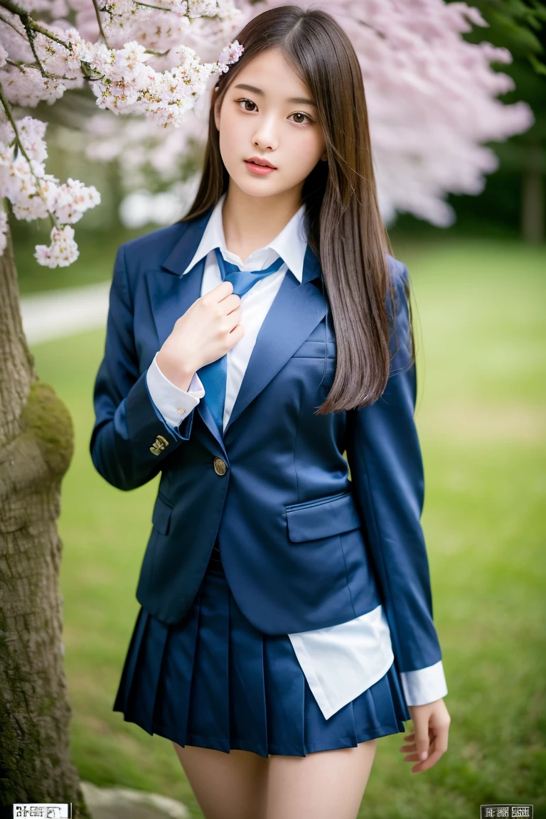 (8K), (Highest quality: 1.2), (Realistic), (Realistic: 1.37), Ultra-high resolution, 1 Girl, cute, face, Mouth closed, Beautiful details, Beautiful Nose,Beautiful Hair,Long Tail,Thighs,chest,High school uniform,A simple dark blue satin blazer,Satin White Blouse,tie,Pleated skirt,School,Cherry tree in full bloom,(スカートとtieの柄は濃紺のタータンチェック柄です..:1.3),(The check pattern on the skirt is a little small..:1.2),Thighsにクローズアップ,avert your eyes,