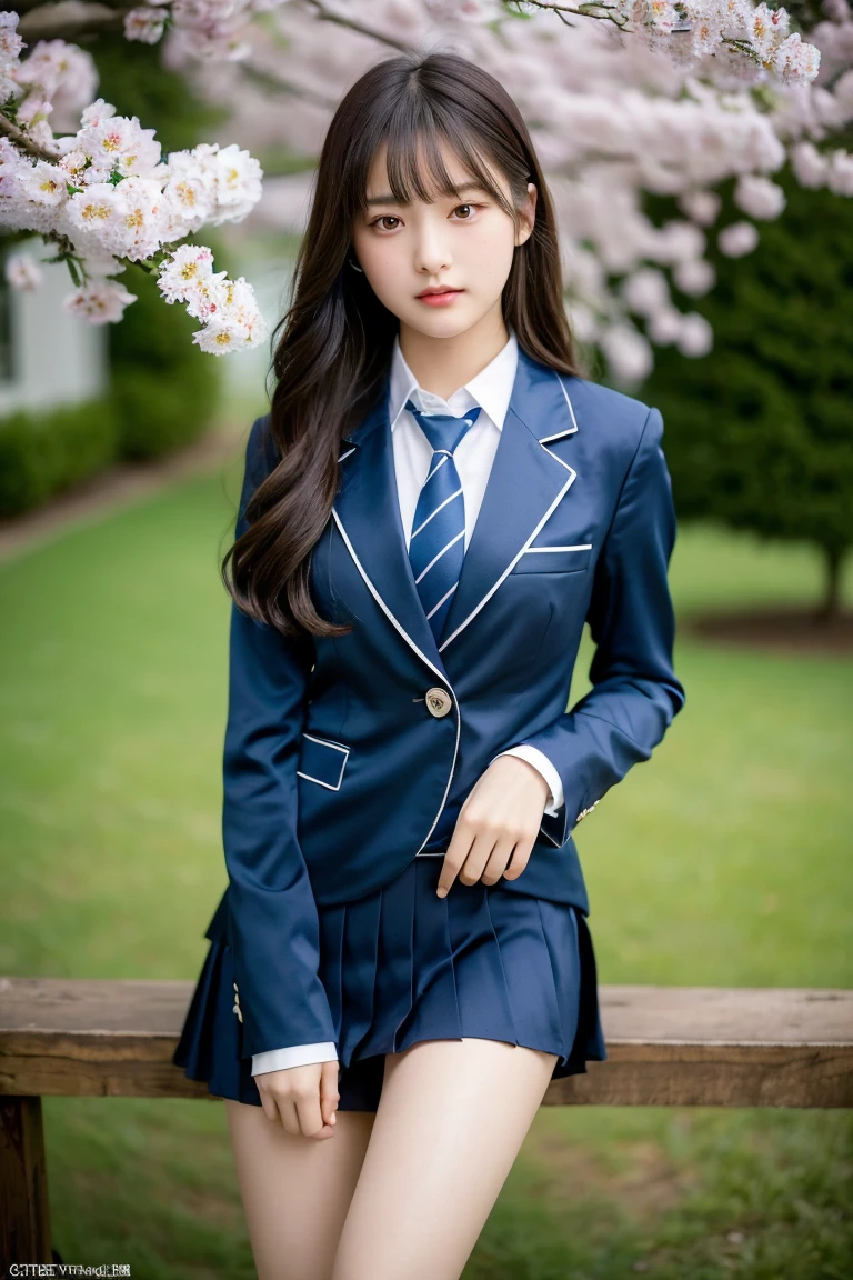 (8K), (Highest quality: 1.2), (Realistic), (Realistic: 1.37), Ultra-high resolution, 1 Girl, cute, face, Mouth closed, Beautiful details, Beautiful Nose,Beautiful Hair,Long Tail,Thighs,chest,High school uniform,A simple dark blue satin blazer,Satin White Blouse,tie,Pleated skirt,School,Cherry tree in full bloom,(スカートとtieの柄は濃紺のタータンチェック柄です..:1.3),(The check pattern on the skirt is a little small..:1.2),Thighsにクローズアップ,avert your eyes,