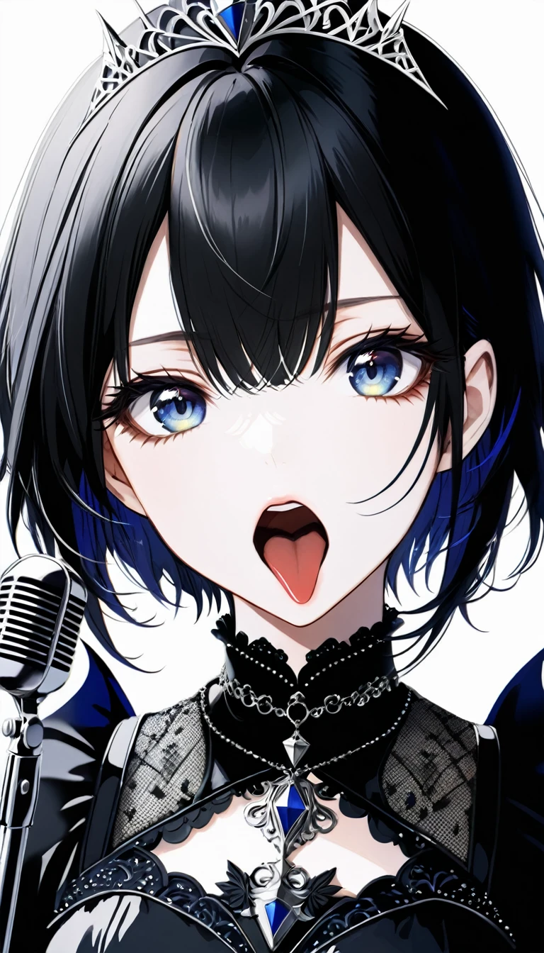(((White background:1.2)))、masterpiece、Ultra HD、Swedish metal rock girl singing with a microphone, An intense gaze staring upwards, Gothic makeup, Intricate details, Highly detailed eyes, Gothic Dress, Flash photography, Intricate details、Black short hair、Sing with your mouth slightly open、Upper body reflected