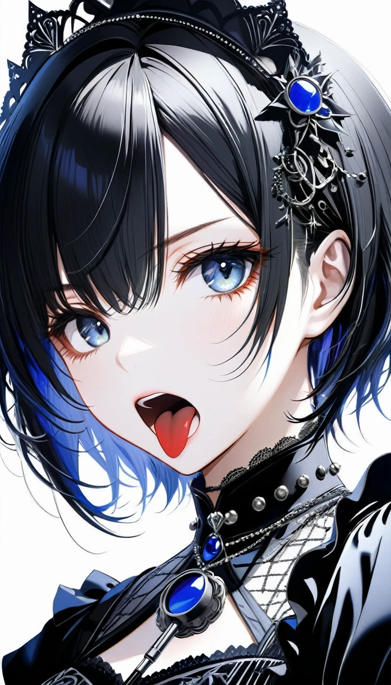 (((White background:1.2)))、masterpiece、Ultra HD、Swedish metal rock girl singing with a microphone, An intense gaze staring upwards, Gothic makeup, Intricate details, Highly detailed eyes, Gothic Dress, Flash photography, Intricate details、Black short hair、Sing with your mouth slightly open、Upper body reflected