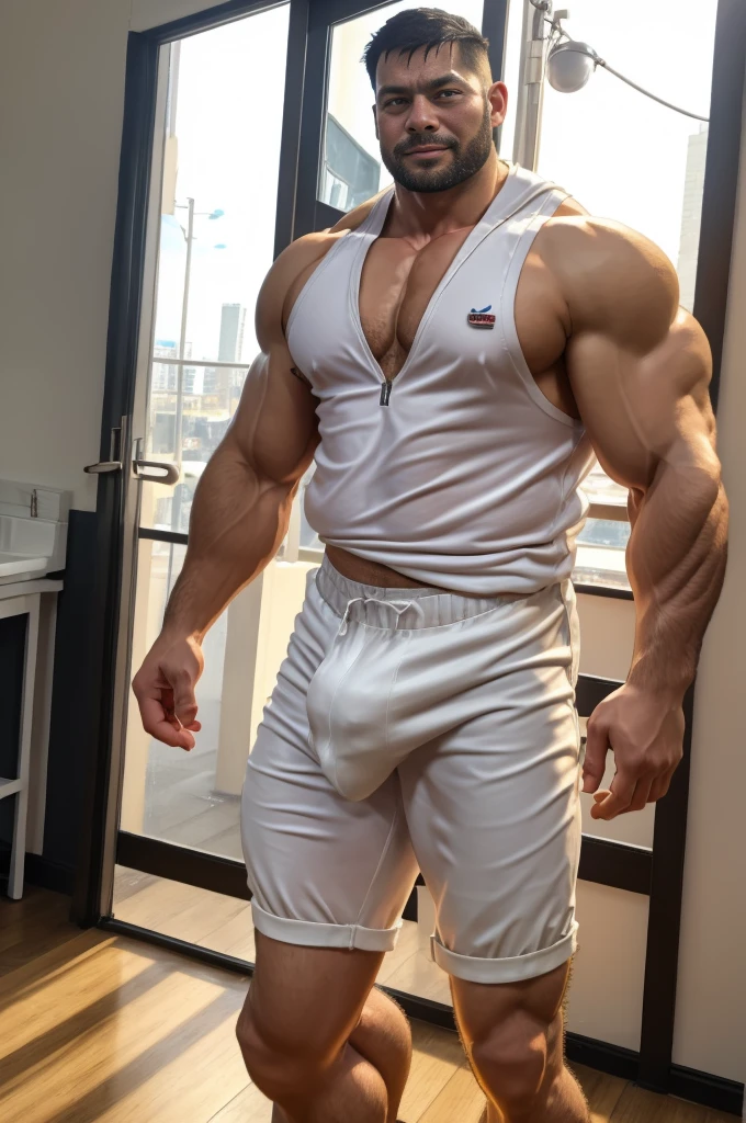 Authentic style,一个强壮的Fitness coach走进房间,Walking posture,Fitness coach,White vest,Looking at the camera,There are chains around the neck,40-year-old Asian man image,Canine,Tiger Teeth,Looking at the camera,Slobber,Place your hands behind your body,beard,White clothes,Wet clothes,A kind expression,Kind uncle,A polite greeting,Black short hair,Very short hair,(Fat-encapsulated muscle),Mermaid line,Loose work shorts,Dirty pants,(There is a huge King Oyster Mushroom in my pants),Leg hair,Thick body hair,Black body hair,Leg hair,cloth shoes,toe,Sexy men,full-body shot,Real person photos,Correct anatomical shape of the limbs,indoor,daytime,Full body shot,Upward camera angle,Fine skin texture,Soft Light,Low contrast images,Highest quality,4k quality,