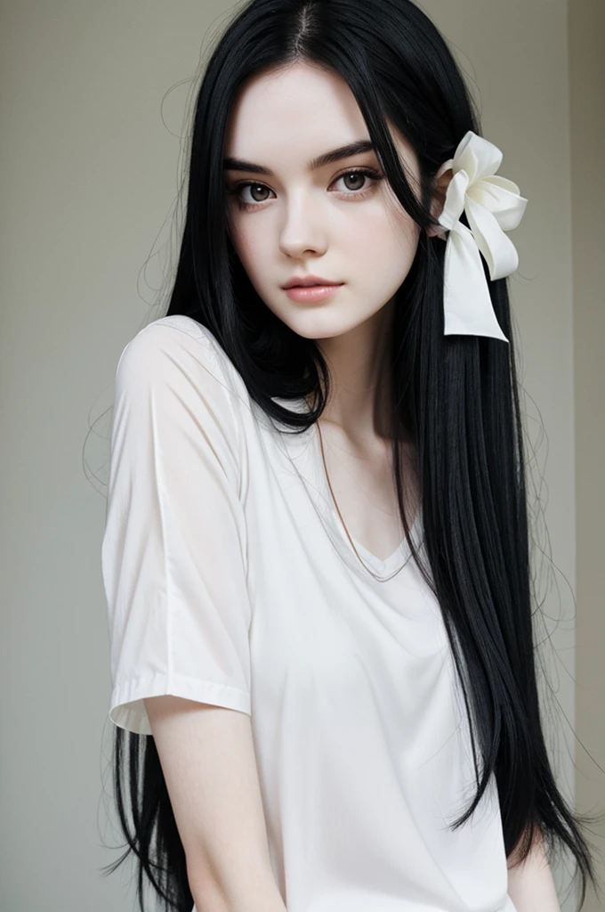 1 girl with long black hair, pale white skin, perfect face, slim, With 