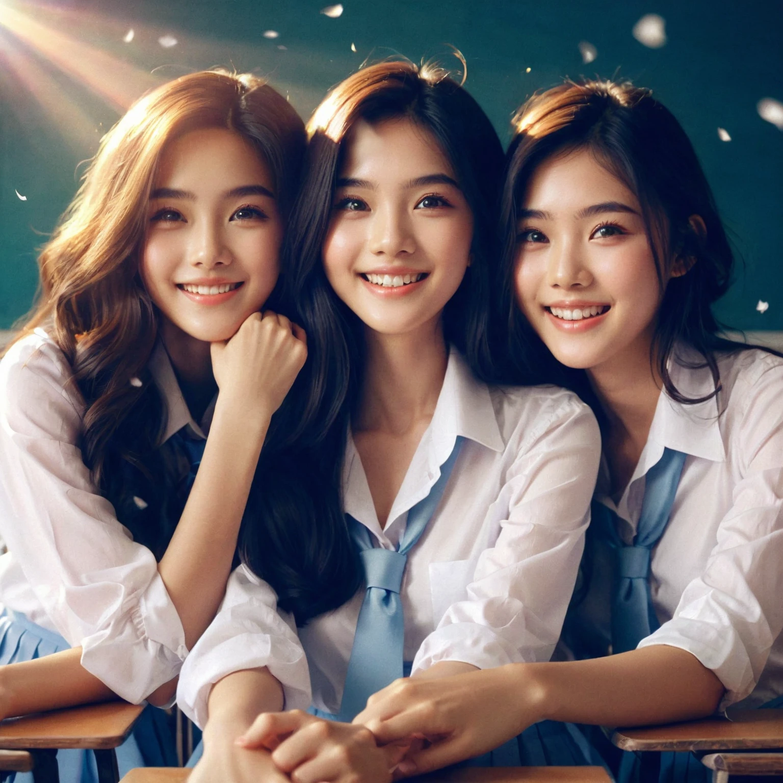 friendship film poster, stunning surreal depiction art, three beautiful young Thai women with long hair, wearing school uniforms, white shirts, light blue tie, long light blue skirts, harmonious friendship, they joke, they are happy, smiling, they are sitting at school, view in school classroom, perfect face, hands and feet, lens flare, flying paper effect, looks like a movie, Taken with Sony Alpha α7CR, UHD 1536px, high quality.