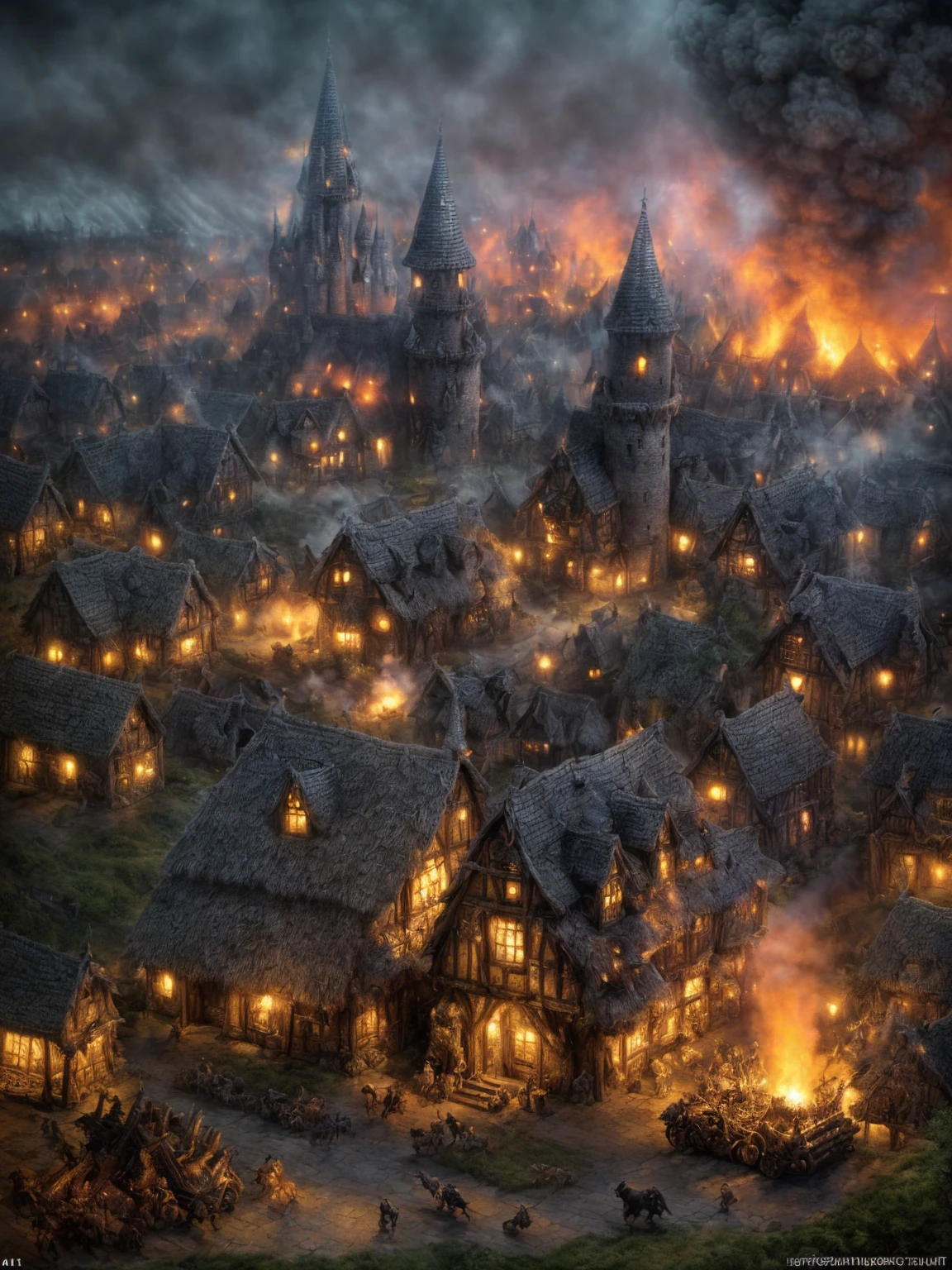 (Award-winning masterpiece:1.5), (incredible detail), (hyper realistic:1.4), (whole body:1.7), (medieval witch village under attack), (brutal creature launching an assault), (houses ablaze), (witches screaming in panic), (detailed depiction of destruction), (dramatic lighting), (intricate details:1.1)