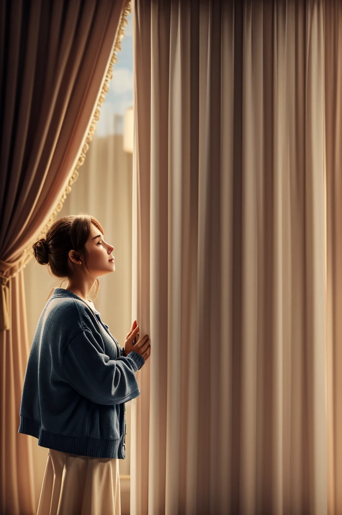25 year old woman in profile standing on the stage of a theater crying and saying no, behind the theater curtain a heart cries, simple drawing image with soft colors, 4k image