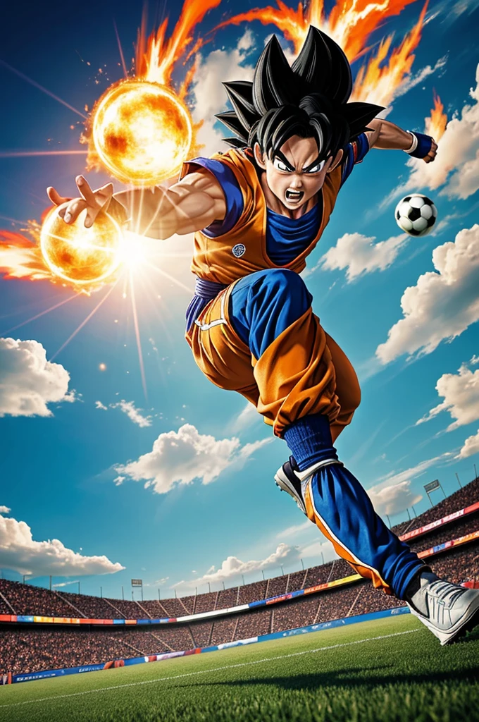 A vibrant and dynamic illustration of Goku, the famous Dragon Ball character, playing soccer on a bright green field. Goku wears his classic orange and blue suit, with his characteristic black hair flying in the wind while he runs. He has a determined look on his face as he is about to kick a soccer ball into the goal. In the background, You can see the goals and the public cheering with enthusiasm. The scene is illuminated by a clear blue sky with some scattered clouds, adding a touch of energy and action to the image.