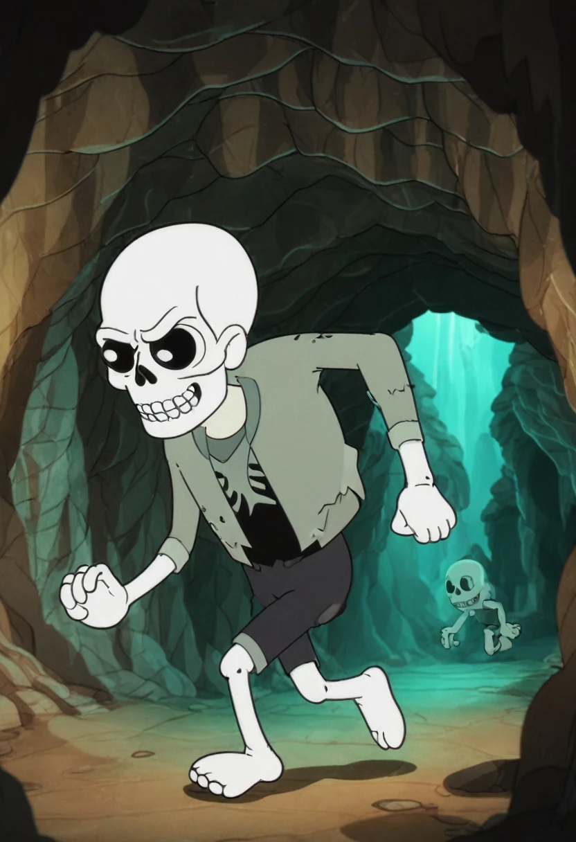 skull head, running away from ghosts, inside a cave, in cartoon animation style, 4k, quality